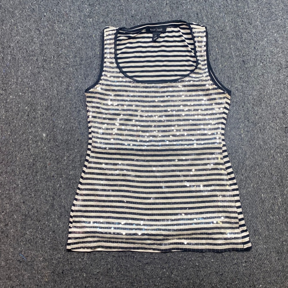 White House Black Market Tank Sz XS Womens Black White Striped Sequin Scoop Neck
